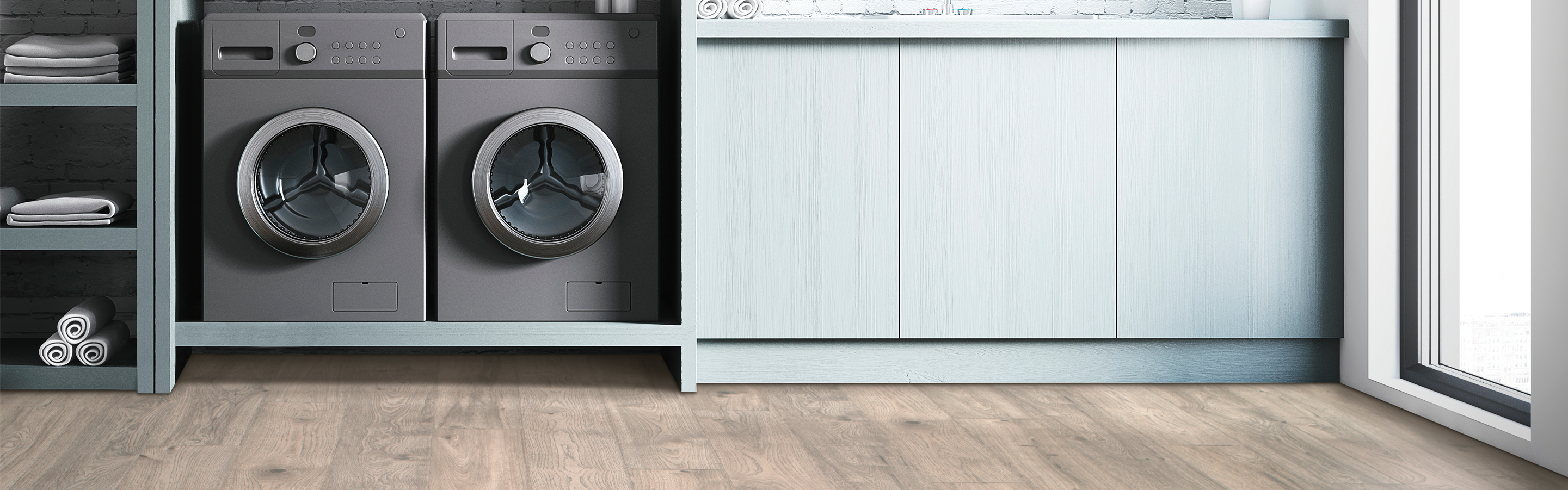 Wood look rustic laminate planks in laundry room. 